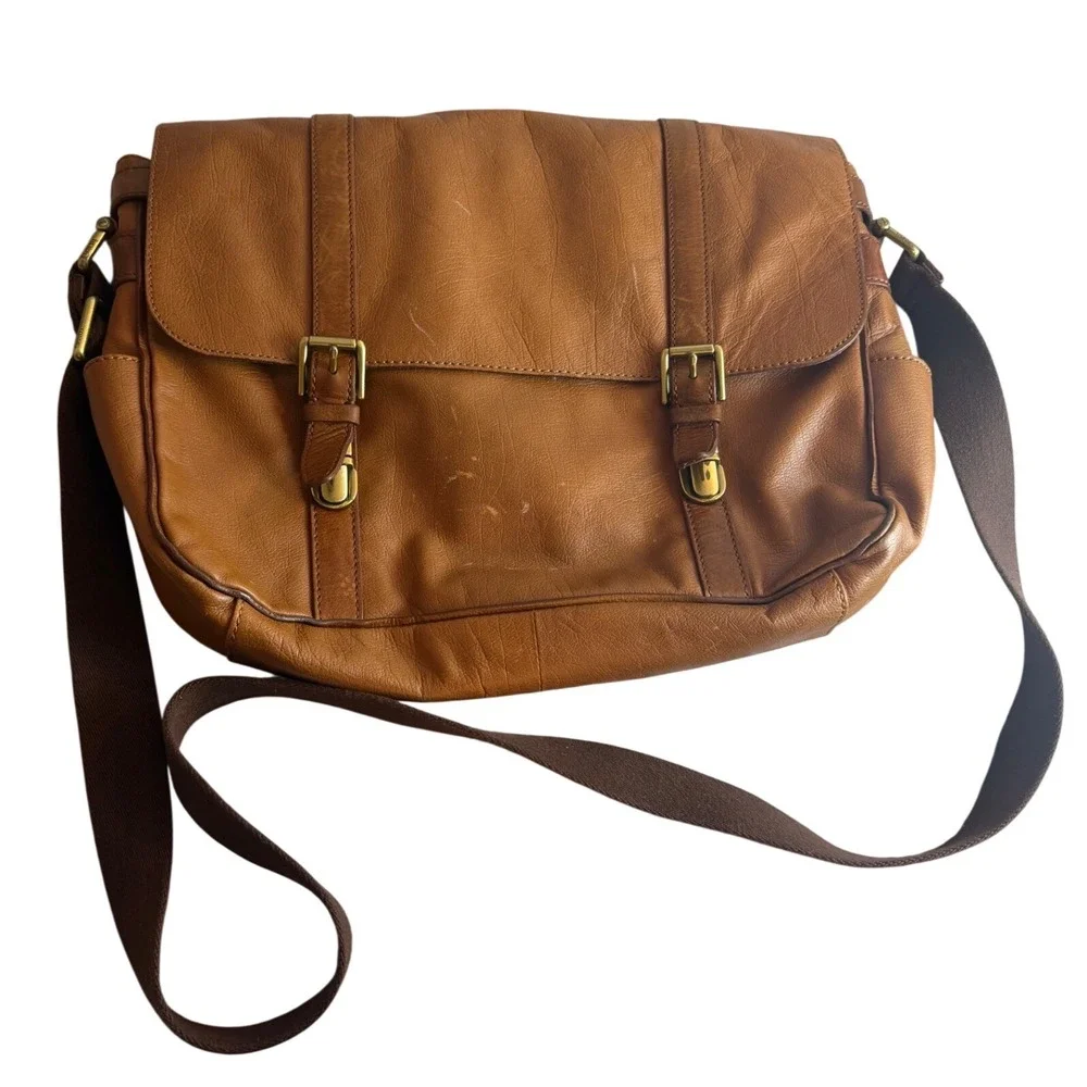 Fossil Tan Leather Messenger Bag Adjustable Crossbody Satchel Brass Hardware